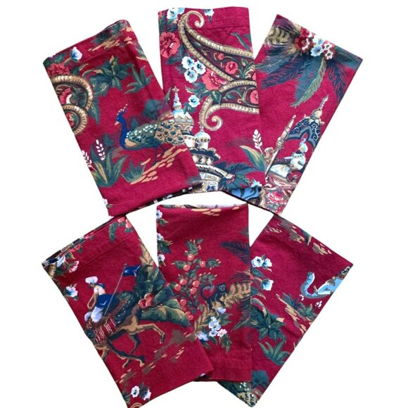 6 Pottery Barn Napkins Spice Route Chinoiserie Red Elephant Camel Peacock India - Picture 2 of 13